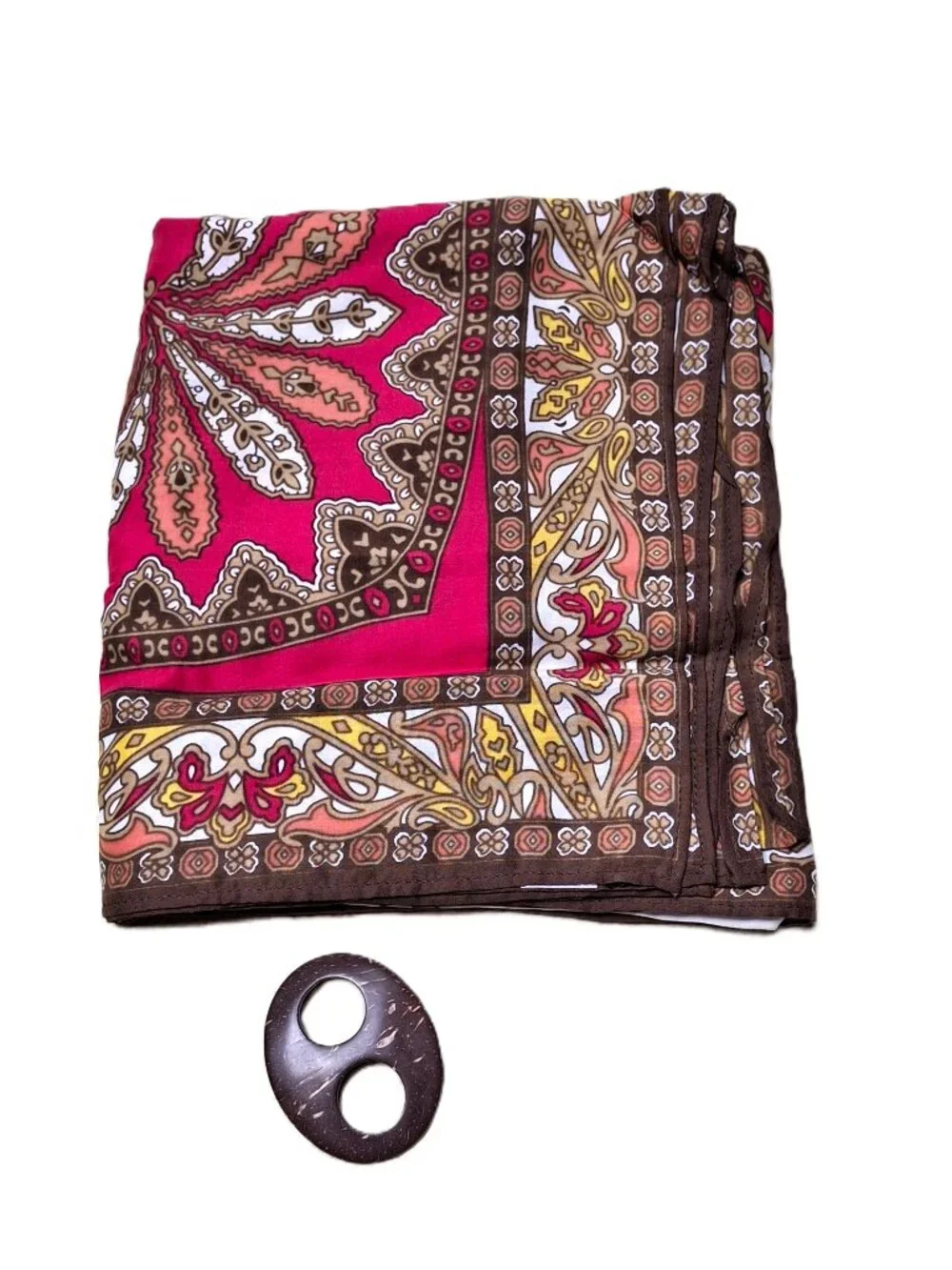 TALBOTS Paisley Pareo 3-Pc Set Swim Cover-up, Fan & Cosmetic Bag Fuschia/White